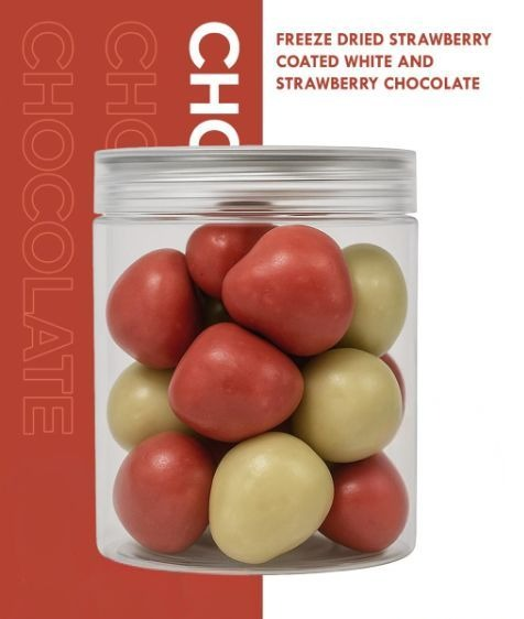 Freeze dried strawberry coated white and chocolate carton